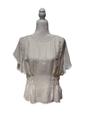 H&M Ivory Textured Smocked Waist Peplum Blouse Butterfly Sleeves Size Large